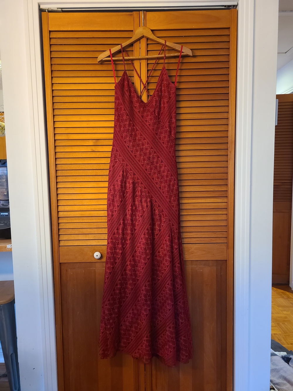 le chateau Burgundy Lace Maxi Dress with Strappy V-Back